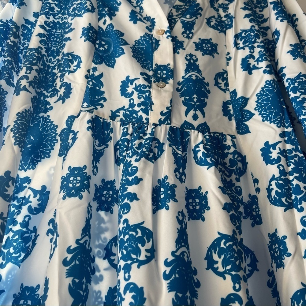 NWT Women Floral print Lantern sleeve Ruffle Hem Dress, Blue,White,Flowy - Picture 12 of 16